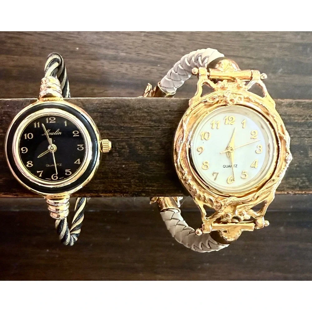 Lot of 2 Women's Vintage Style Quartz Bangle Watches Gold Tone Working